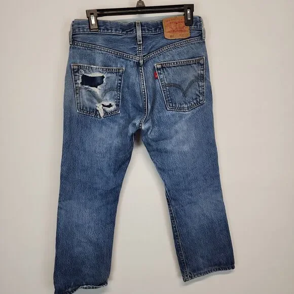 Vintage Levis 501-0115 Denim Jeans 30x24 Blue Altered Destoyed Punk Grunge 80s